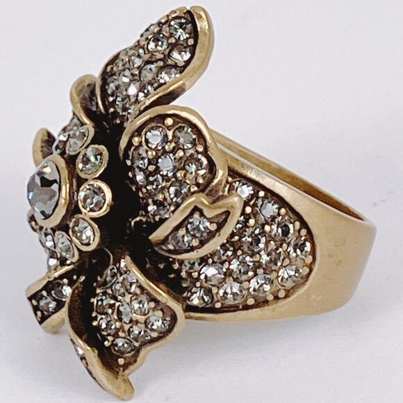 Signed Heidi Daus Gold Tone Floral Flower Rhinestone Cocktail Ring 6.75 Vintage - Picture 7 of 16